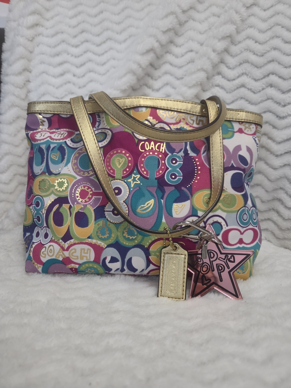 Coach Multicolor Graphic Signature Poppy Tote with Gold Trim